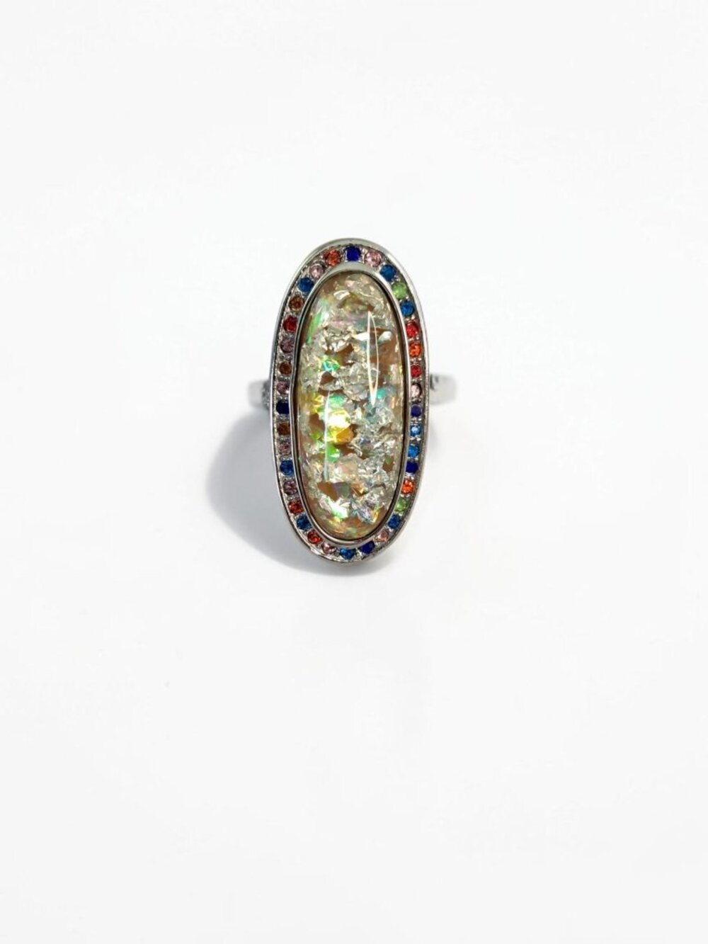 Rainbow Rhinestone Oval Statement Ring Iridescent Foil Cabochon Silver Tone